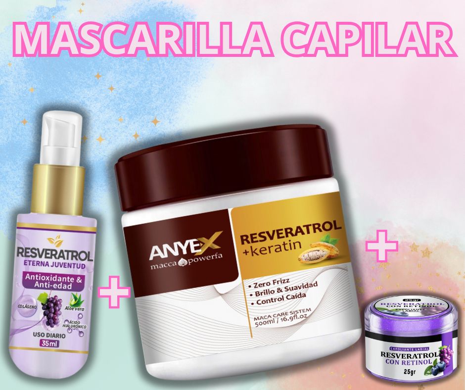 Mascarilla capilar + Serum de resveratrol facial + Exfoliante de resveratrol con retinol