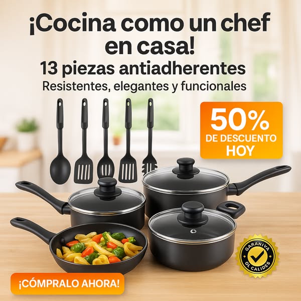 Set de ollas y utensilios (13 piezas) + manual digital de recetas ricas y saludables